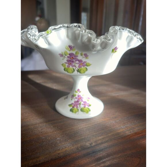 Fenton Silver Crest Art Glass Violets In The Snow Footed Compote Ruffled Crimped